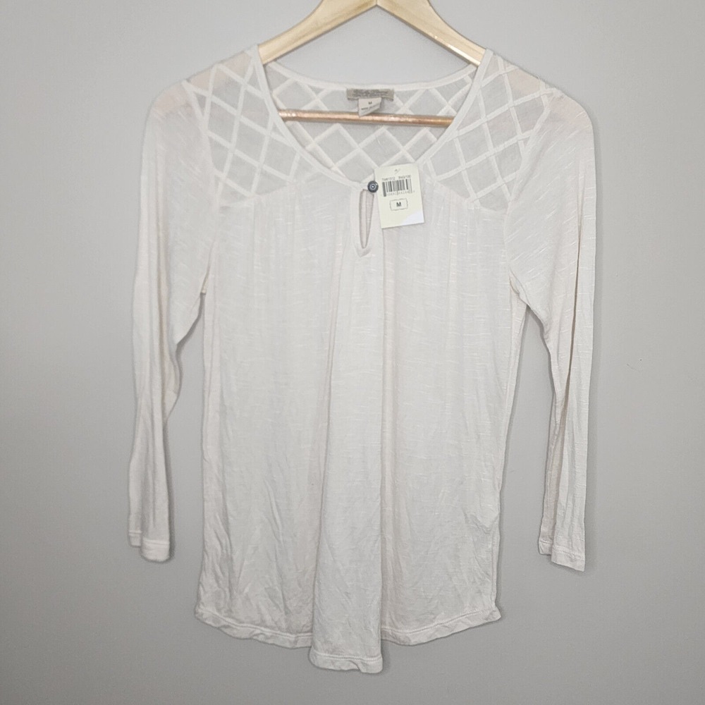 Lucky Brand‎ Top Cream Lattice Yoke Keyhole Boho Blouse Womens Medium NWT